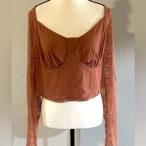 Mauve ish Brown Top with Long Sleeve Lace Sleeves